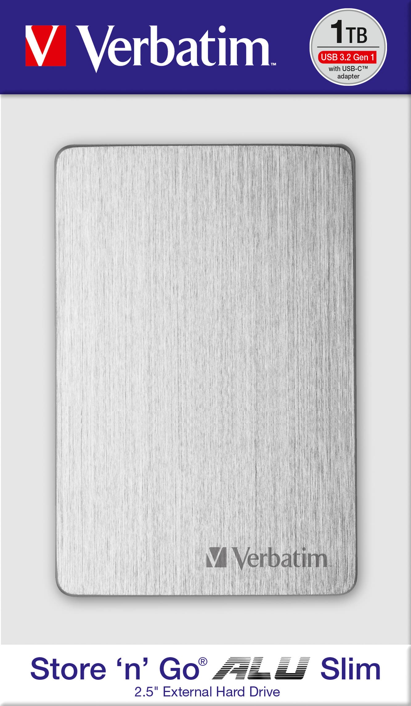 Disque dur Verbatim 1 To USB 3.2, AC, 6,35 cm (2,5''), argent Store'n'Go, Alu Slim, logiciel Nero Backup, vente au détail