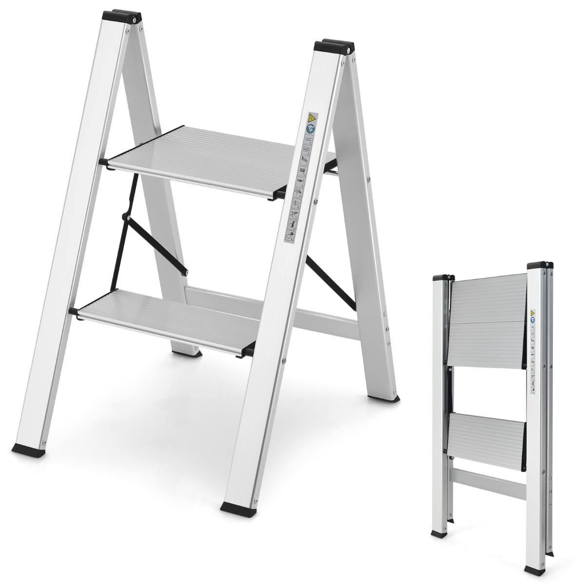 CostwayMarchepied Pliable 2 Marches en Aluminium Escabeau Portable avec Plateforme Large Marche Antidérapante Pieds en Caoutchouc Charge 150KG