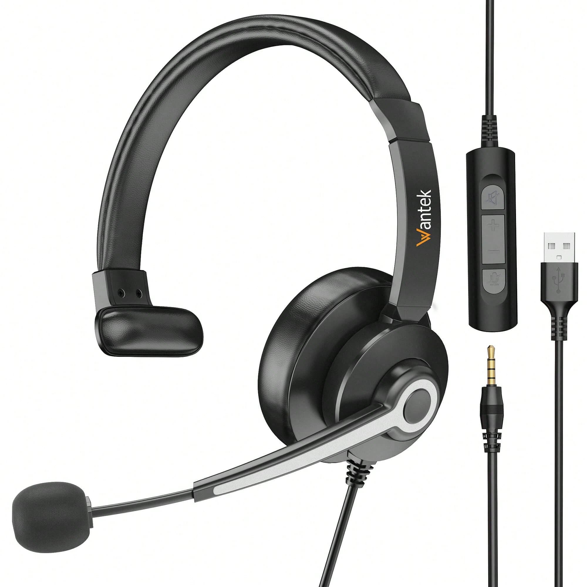 Wantek Casque d'ordinateur USB 3 en 1 avec microphone pour PC portable – Casque filaire avec microphone antibruit, casque de centre d'appels de