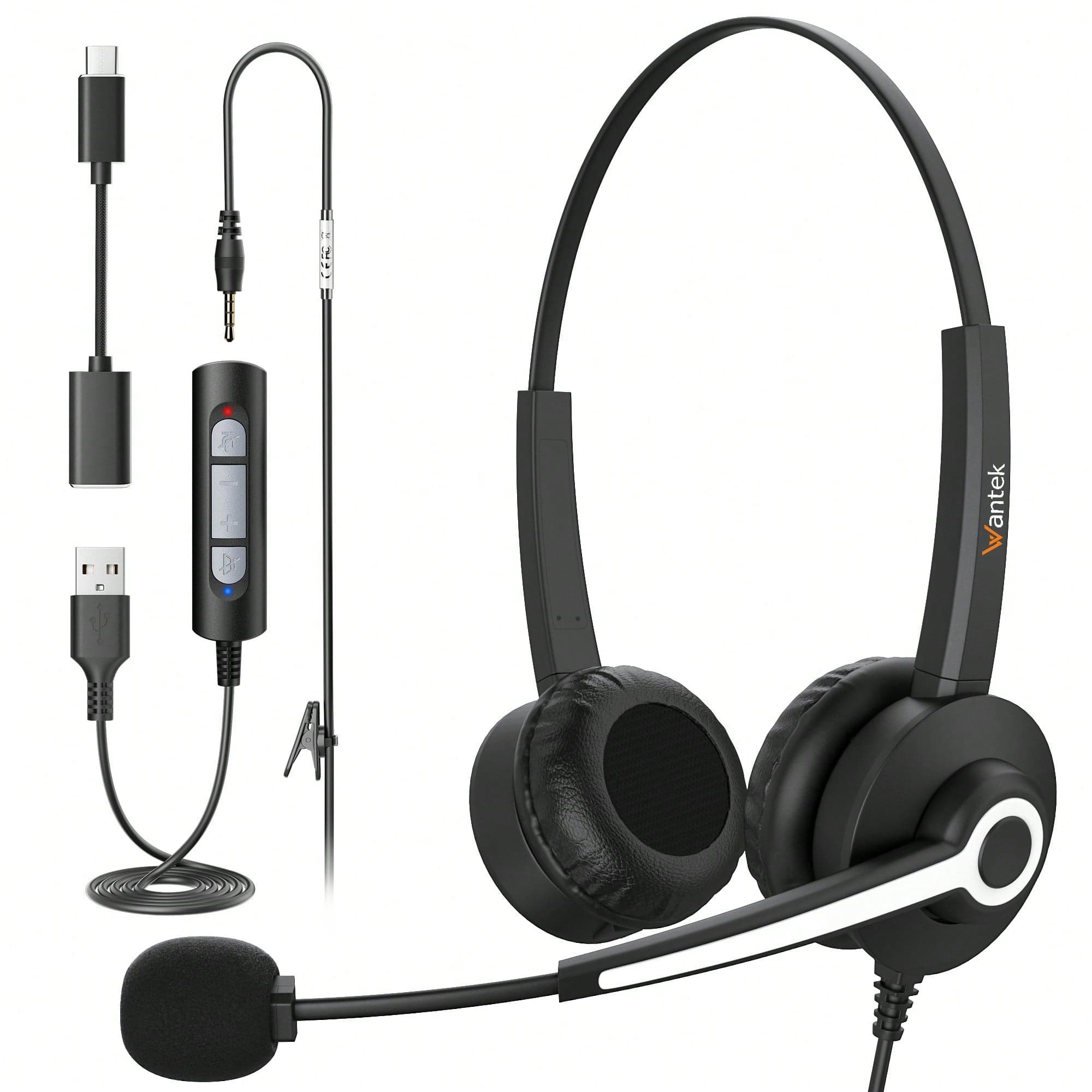 Wantek Casque USB filaire avec microphone antibruit et contrôle en ligne pour ordinateur portable, PC, zoom, webinaire, salle de classe, bureau Ã