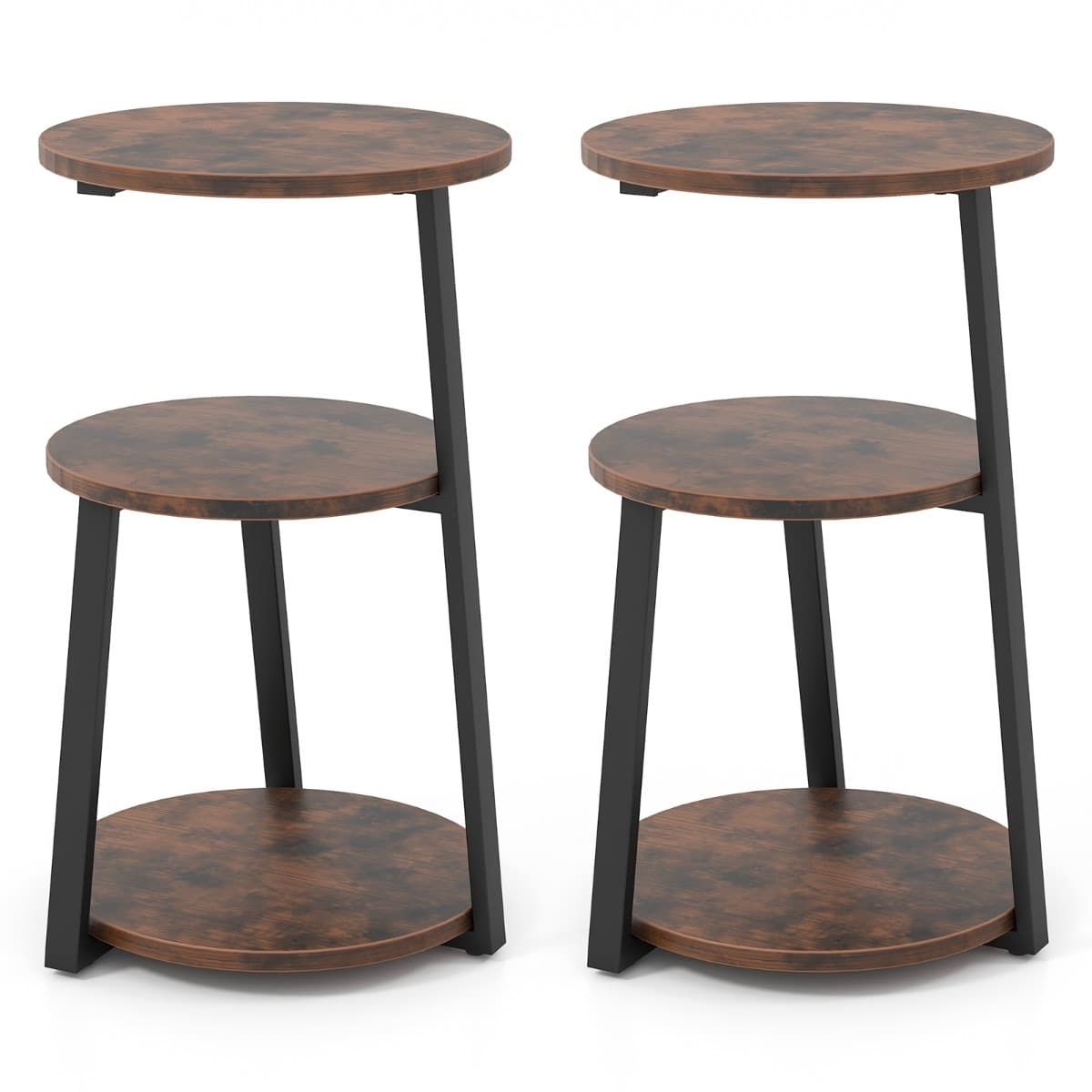 Ensemble de 2 Tables d'Appoint Rondes à 3 Niveaux avec Cadre en Métal et Patins Réglables Table de C